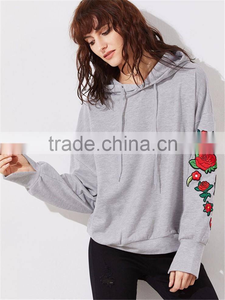 MGOO Custom Design Lightweight Drop Shoulder Heather Grey Embroidered Rose Applique Dolman Sleeve Hoodie