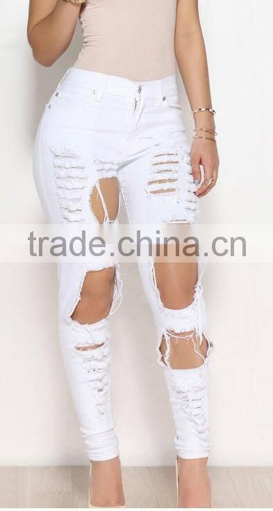 2016 women pants Ladies Casual white and black with waist-length Ripped distressed female jeans