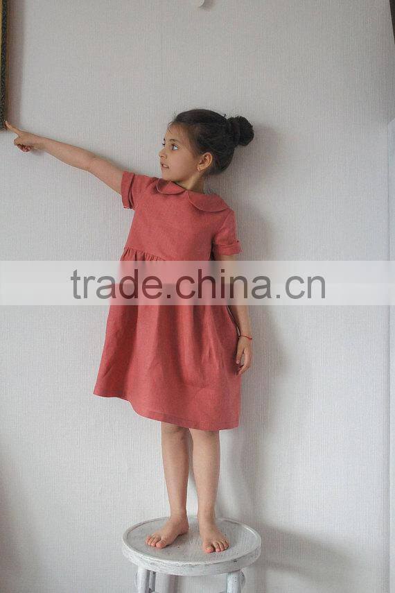 Pink Coral Wholesale Clothing Linen Dress Peter Pan Collar Child Clothes