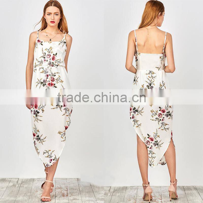 Slip floral printed drawstring waist asymmetric chiffon women dress