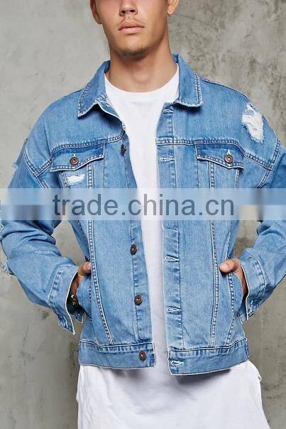 Men's washed distressed cotton/spandex button-up denim jacket with holes