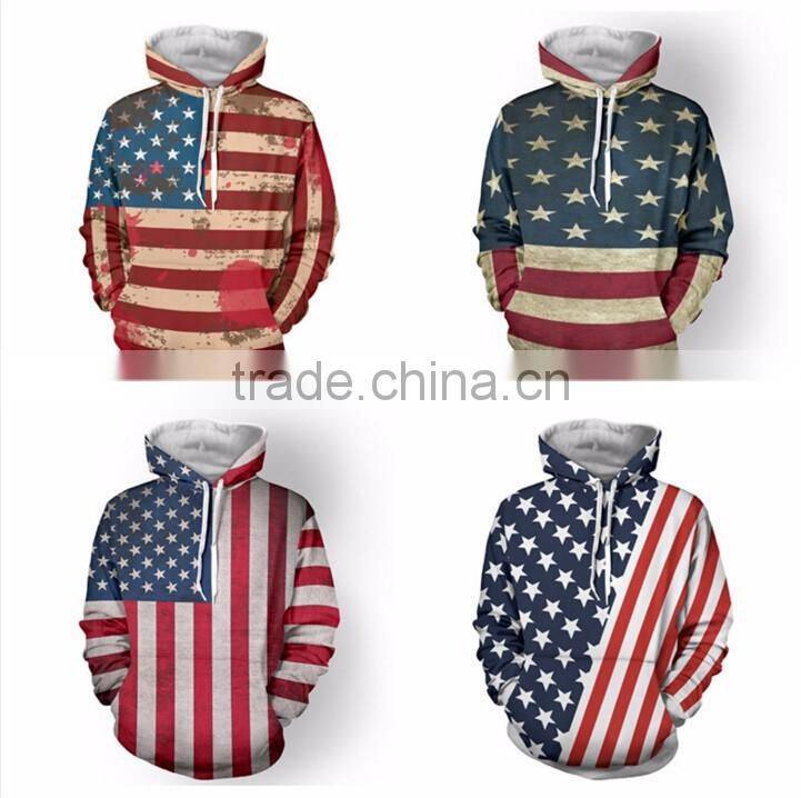 Unisex Fashion USA American Flag Print Hooded Slim Pullover Hoodie Sweatshirt