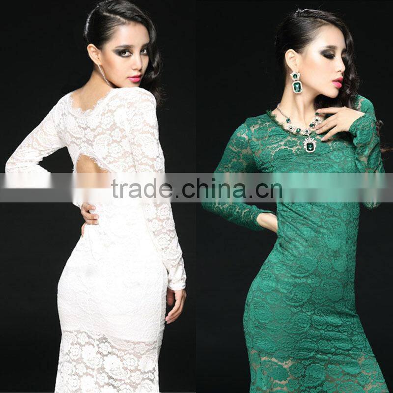 hot selling new designed long sleeve lace evening gown back open ladies bodycon design long sleeve lace evening gown