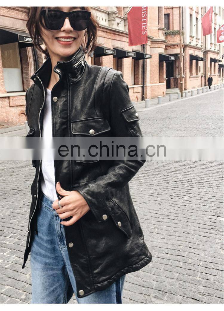 High Quality Popular Young Women Real Sheep Leather Garment Spring Ladies Long Black Coat