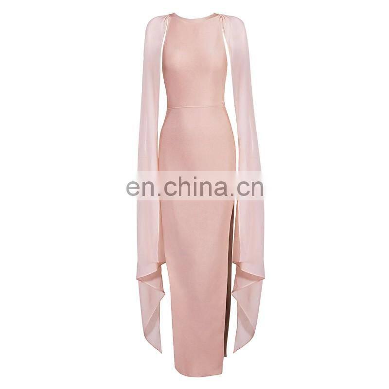 Amigo 2017 Black long chiffon cape sleeve high vent Barelegged long bandage dress modest dresses for young girls