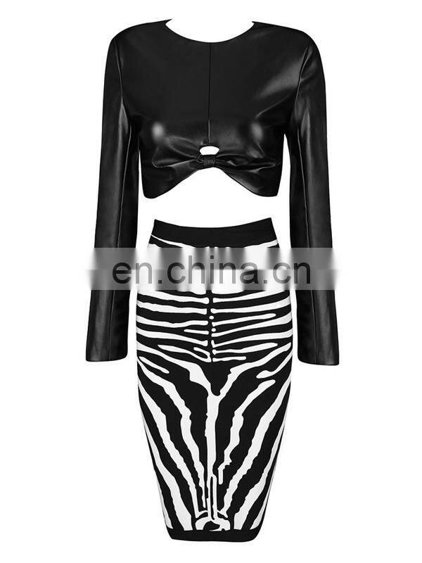 long sleeve leather ruck crop top and midi zebra-stripe pencil skirt bodycon bandage dress suit sexy evening dresses for women