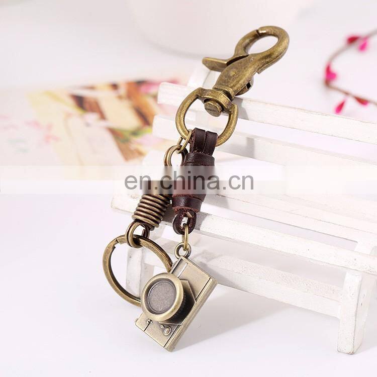 Brass color metal camera pendant handmade leather keychain