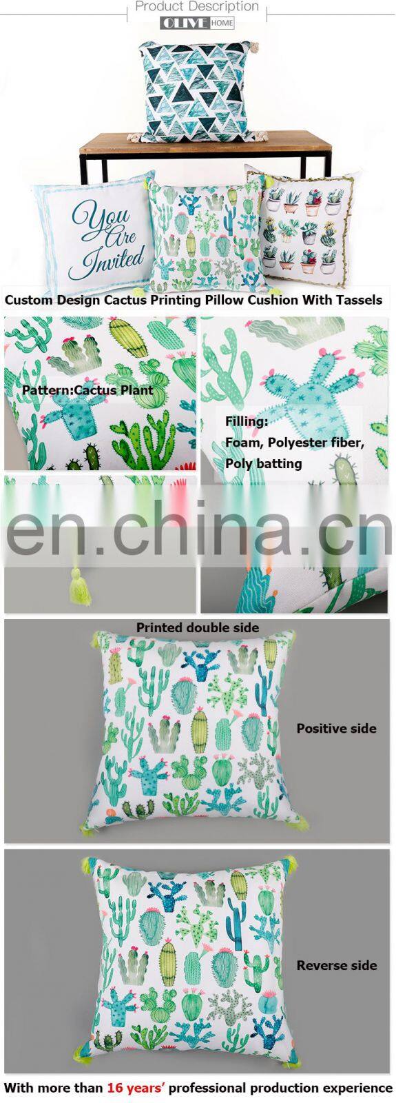 Linen Custom Design Hemp Tropical Rain Forest Leaf Cactus Printing Outdoor Pillow Cushion With Tassels
