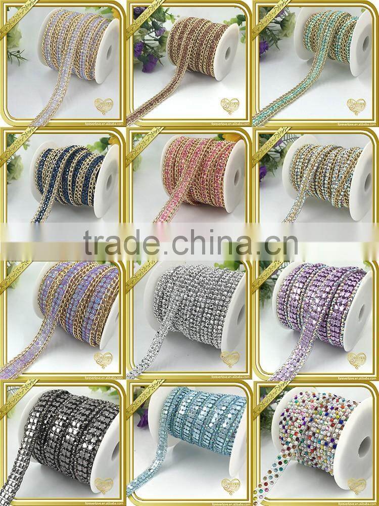 Pink rhinestone chains trimming hot fix glue crystal diamond wedding belts embellished for women FHRS-035