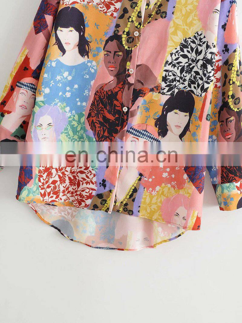 Clothing wholesale custom fashion trend women's casual loose color oil painting beauty printing long-sleeved shirt