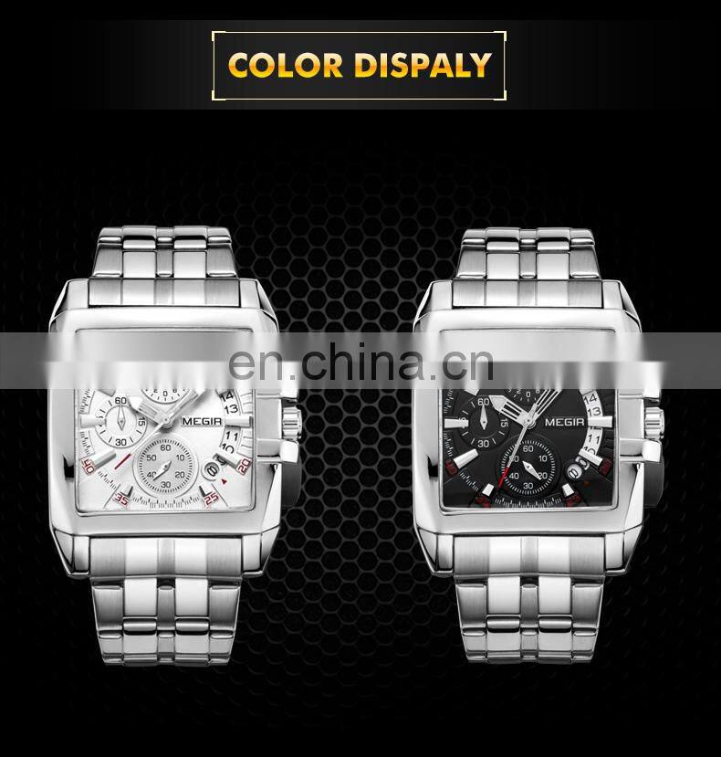 Megir 2018 Men's Square Stainless Steel Calendar Quartz Sport Military Chronograph Wristwatch Relogio Masculino