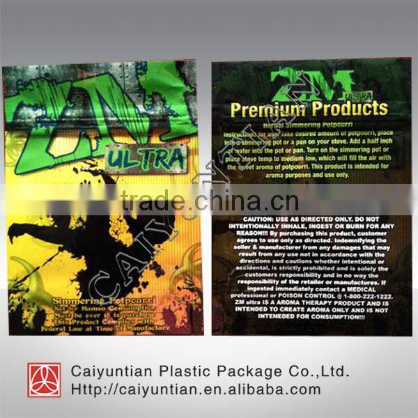 atomic three sides pouch bag with zipper / high quality package bag for herbal/insence/spice