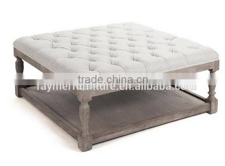 Cottage furniture Rustic wooden frame linen tufted Upholstered coffee table
