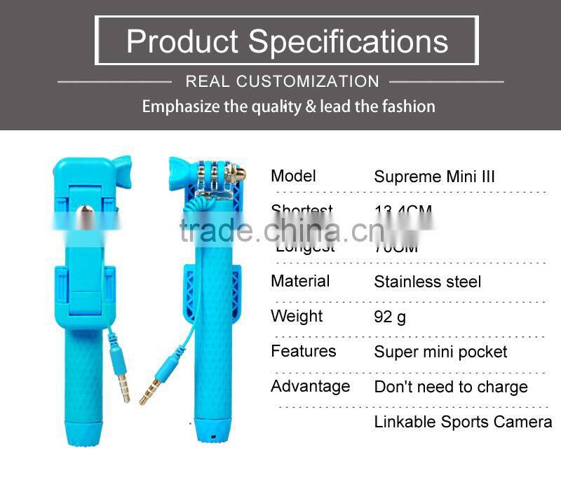 Promotion Gift Super Mini Selfie Stick With Shutter Button, Pocket Wired Selfie Stick