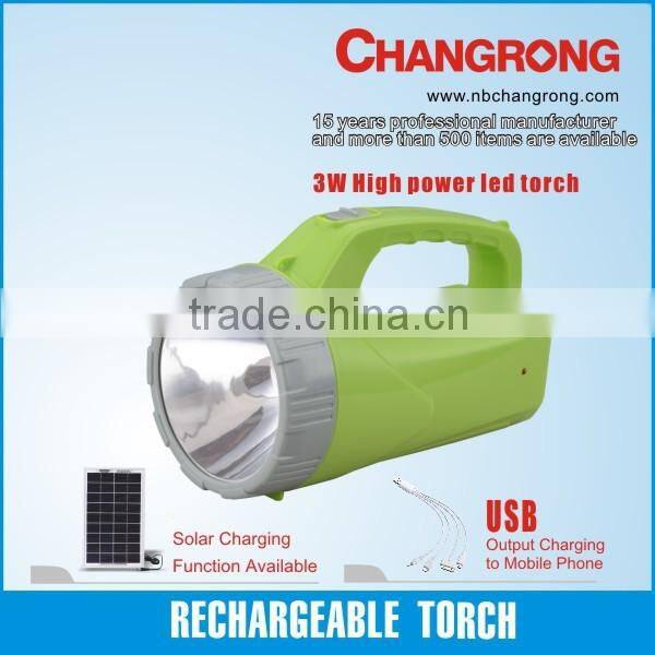 rechargeable 3W high power led torch with solar charge