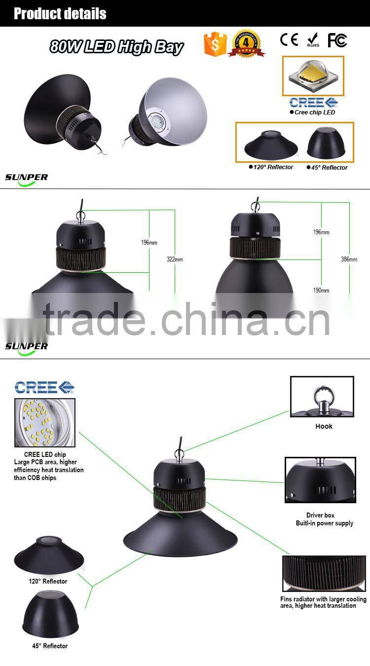 High Brightness Aluminum Heating Sink 80w led high bay with epistar chip&ce/rohs