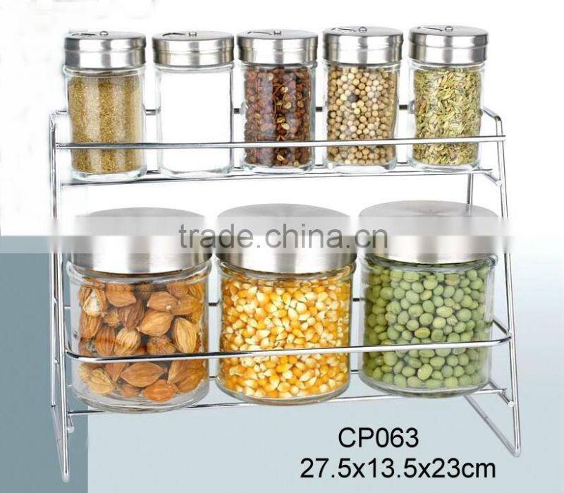 CP063T 8pcs glass storage jar set with metal casing and rack