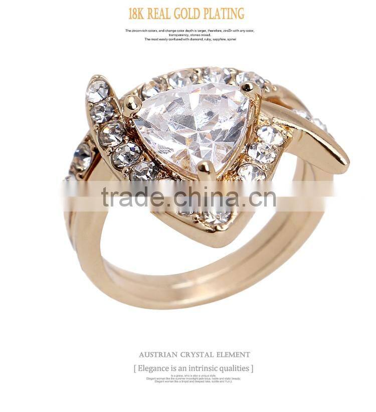 Classic Geometric Ring Double Exquisite Yellow 18k Gold Plating Austrian Crystal Zircon Heart Rings