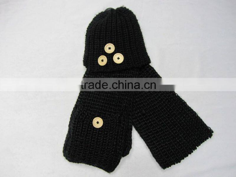 wholesale ladies designer buttons knitted hat and scarf with pocket sets