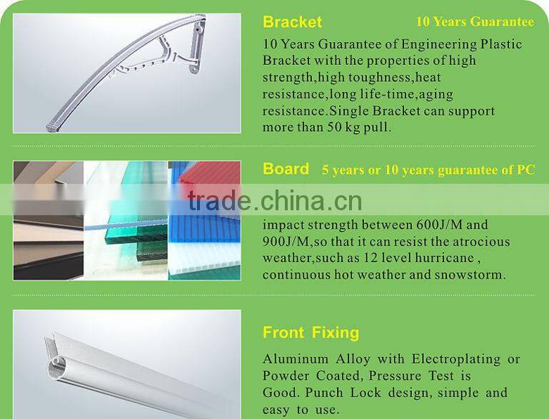 Environmental friendly rain protect door canopy awning cover with platic awning brackets and polycarbonate canopy
