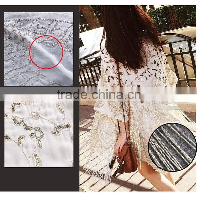 High Quality 2016 Summer Fashion Women Half Flare Sleeve Blouses Tassel Complicated Embroidery Beaded Sequin Long Cardigan