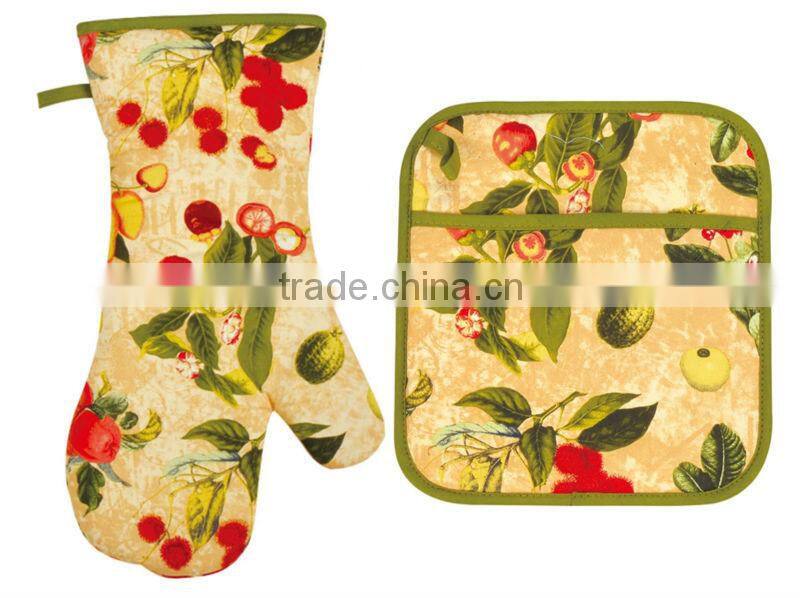 2015 HIGH QUALITY NEW DESIGN PRINTING FLOWERS AND PLANTS COTTON (OVEN MITT& POT HOLDER) KITCHEN SET MK-1502&1506