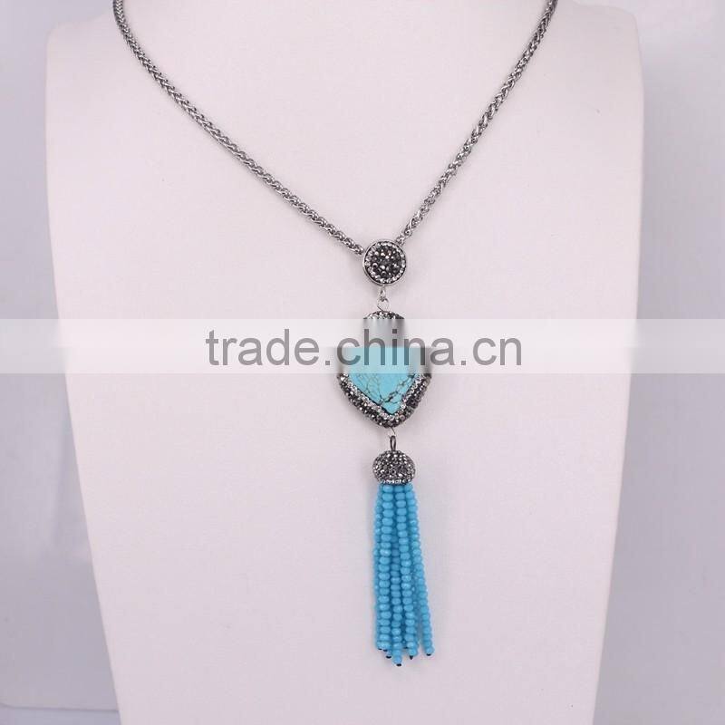 Oval/Evil Eye Pendant Necklace, Gem stone Druzy Pendant, With Crystal Paved Crystal Tassel Jewelry, Stone Chain Necklace
