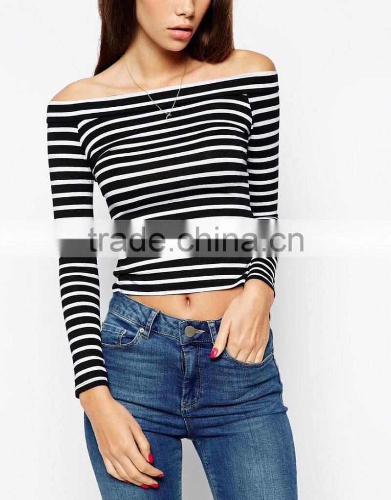 New factory design Off-shoulder Top With Bardot Neck In Stripe