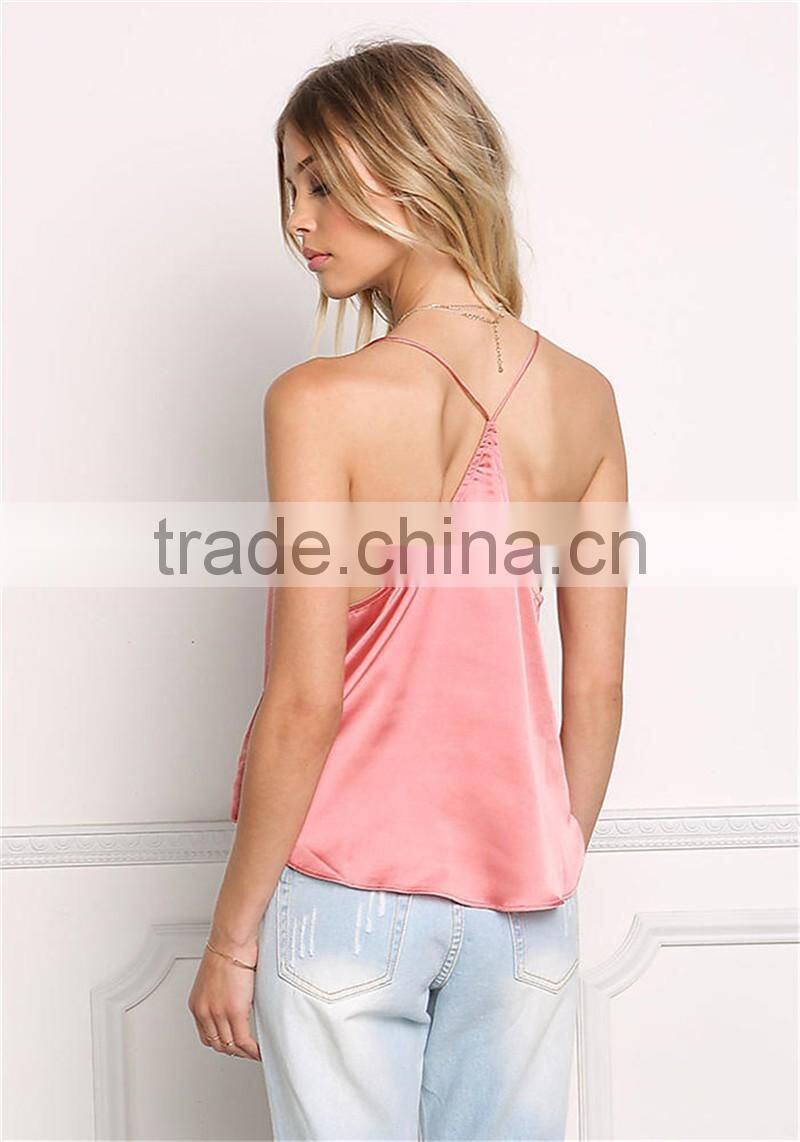 MGOO Foshan Factory Made Pink Satin Cami Sleeveless Strap Girls V Neck Summer Tops Women Blouses