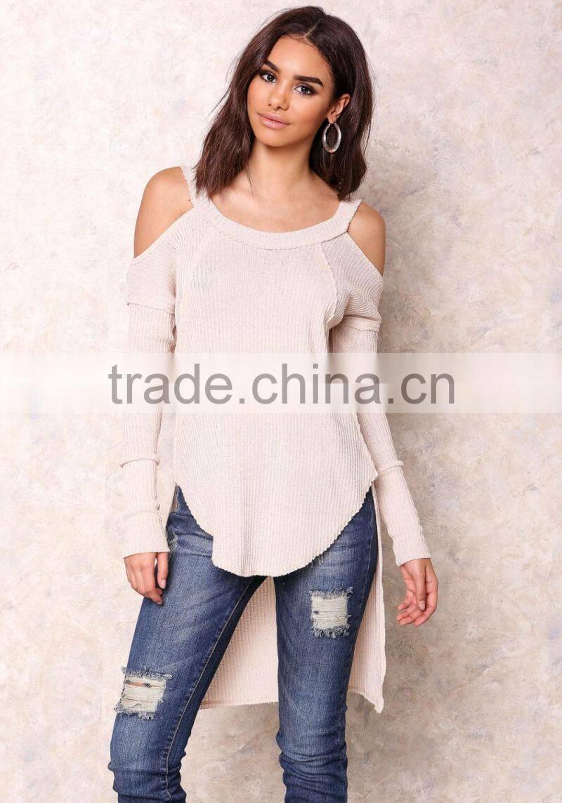 Popular High Quality Cold Beige Shoulder Knit Tops Sexy Off Asymmetric Sexy Party Sweaters