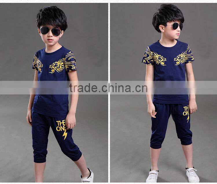 custom wholesale good quality summer boy t shit suit with printing dragon children shirt