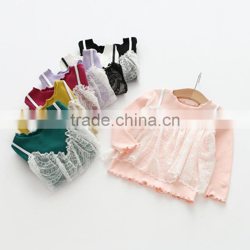 S60613B 2017 New autumn children clothes baby girl lace t- shirt false two pieces clothers
