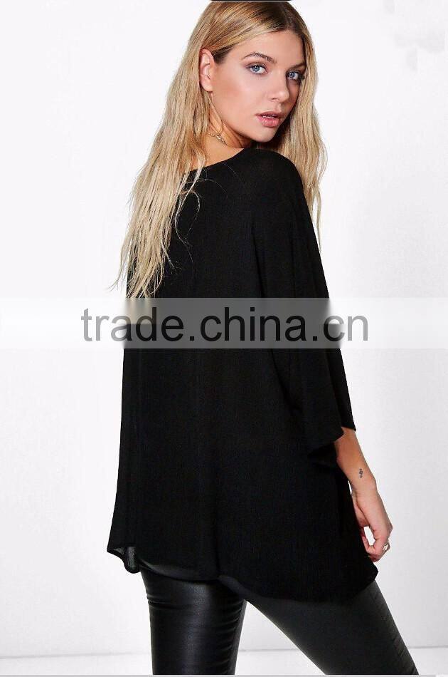 Loose fit oversized dip back blouse wholesale plus size women clothing 2016