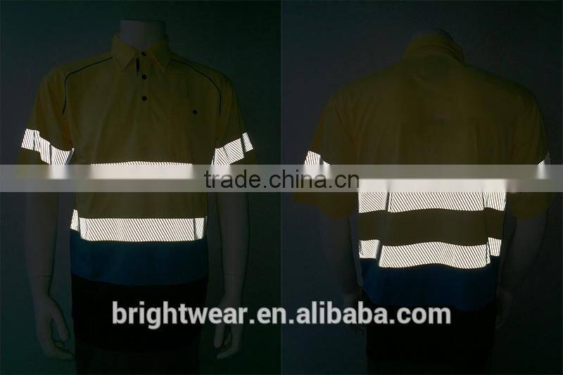 Mens contrast fluorescent 3M tape night use self fabric collar safety reflective polo shirt