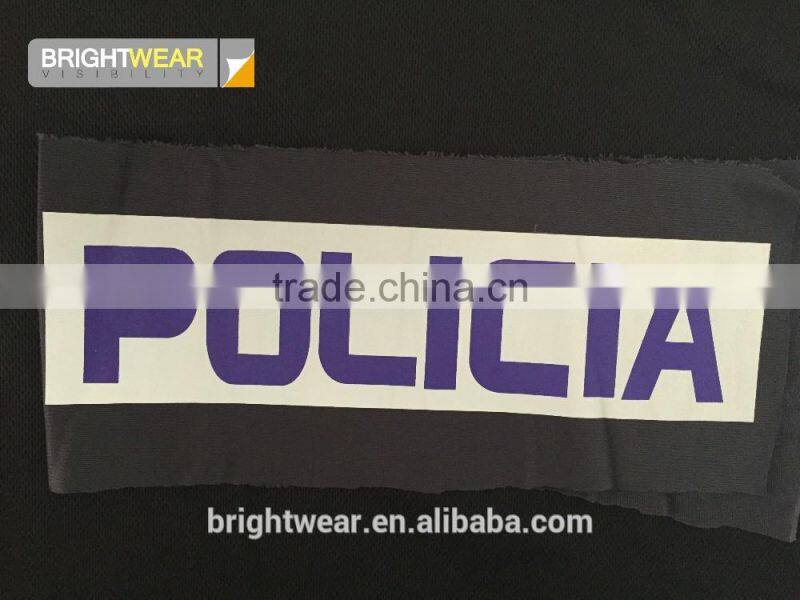 Relfective Policia with blue printing reflective letter be heated on vest for Spain market
