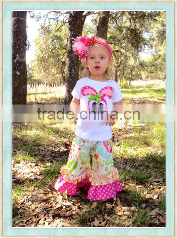 Sweet Rabbit Top with Double Ruffle Pants Long or Short Sleeved Applique White Shirt & Floral Ruffle Pant Kids Girls Clothing