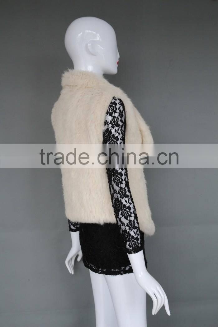Classic style modern women warm soft rabbit fur knitted vest short with collar