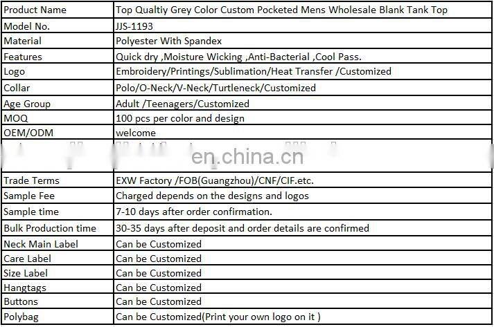 Top Qualtiy Grey Color Custom Pocketed Mens Wholesale Blank Tank Top