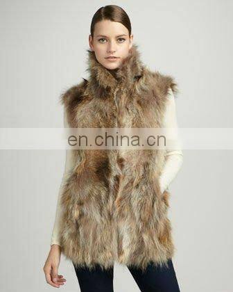 2015 women fashion Long Raccoon Dog Fur Vest, Natural