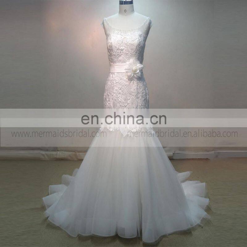 Generous Scoop Neck See Through Sexy Back Fish Style Lace Beads Wedding Dress With Handmade Flower