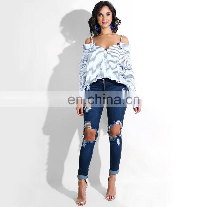 Wholesale custom women sexy through the shoulder strap button-down Stripe casual pleasure long-sleeved shirt women casual home w