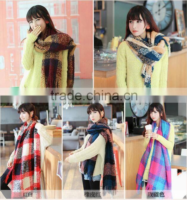 Wholesale New Winter Lady Fashion Tassel Loop Yarn Plaid Blanket Scarf
