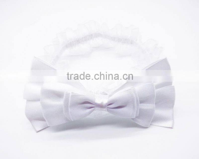Satin layered bow lace headband for baby,cheap handmade soft headbands