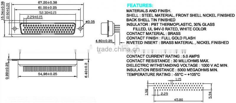Straight D-Sub 78pin Female Socket PCB Connector Receptacle Type
