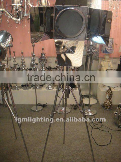 Black marine floor lamp with stainless steel shade and beech wood base