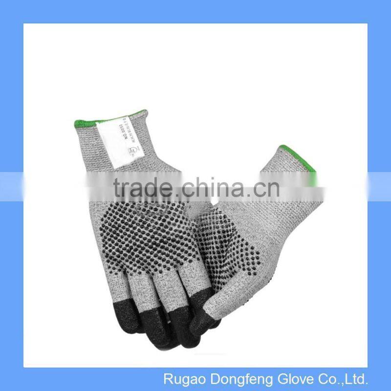 HPPE Fiber Dotted Glove with Nitrile Tips Level 3 Cut Resistant PU Finger Gloves