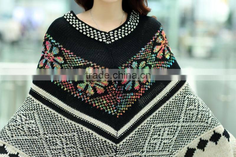 2015 new winter Color matching tassel loose bat sleeve knit sweater shawl female cape coat