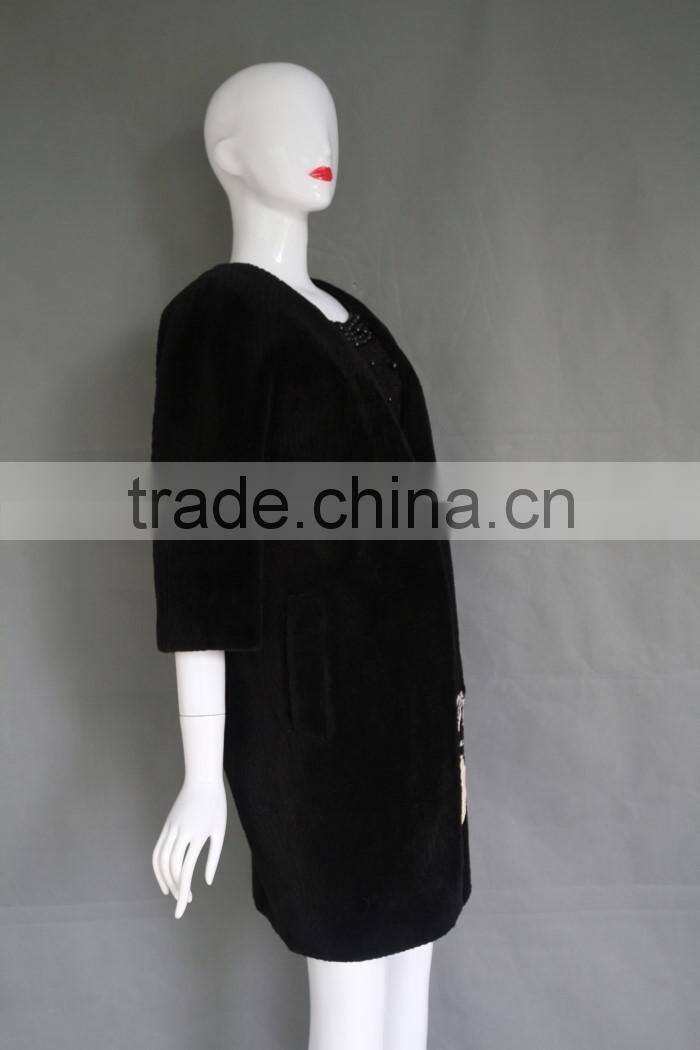 Hot sale embroidery medium sleeve women long overcoat shearing sheep fur coat parka with real lamb fur