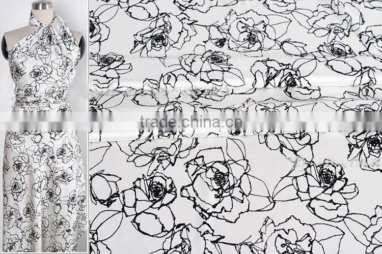 printed black white floral spandex silk fabric