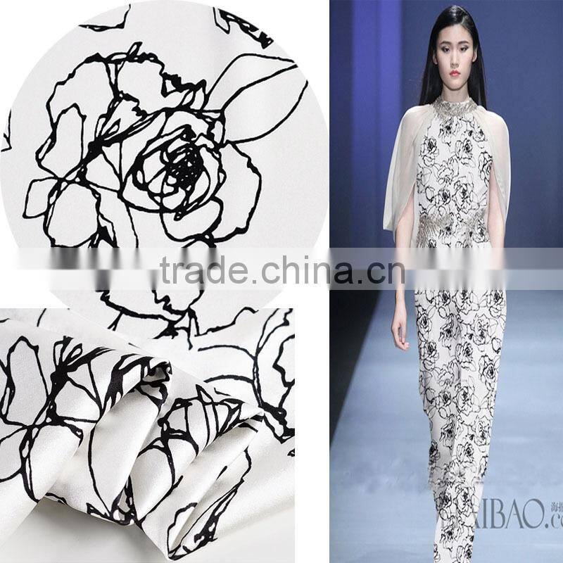 printed black white floral spandex silk fabric